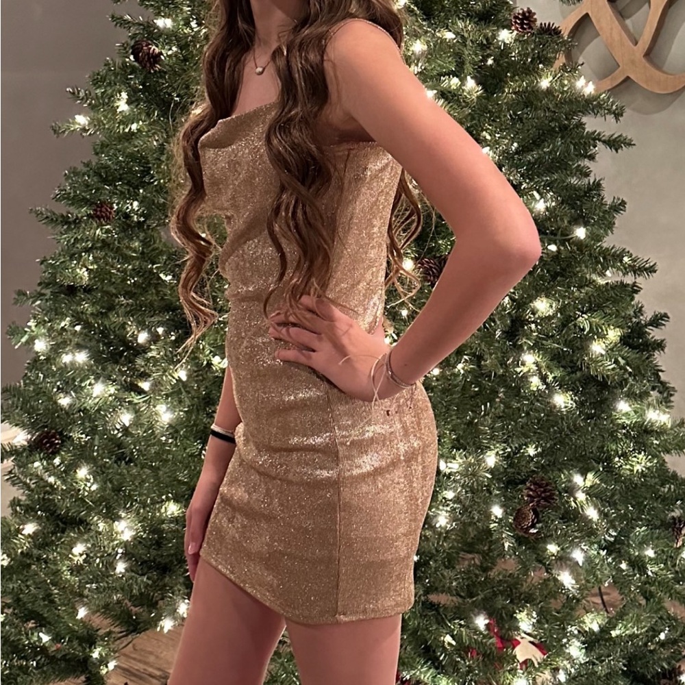 allison & kelly metallic gold strappy dress